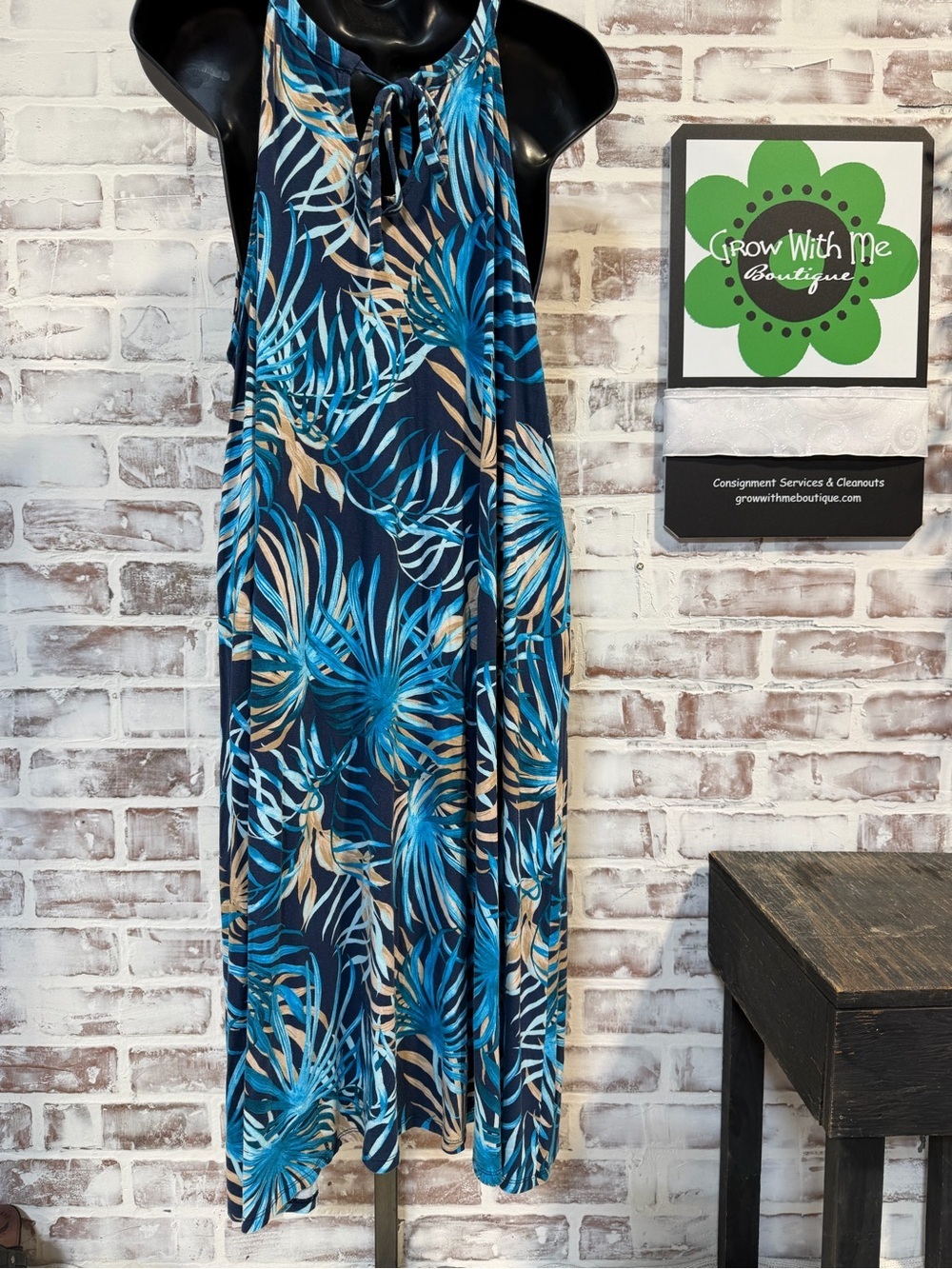 Time and Tru Navy Halter Maxi Dress with Teal & Cream Leaf Print